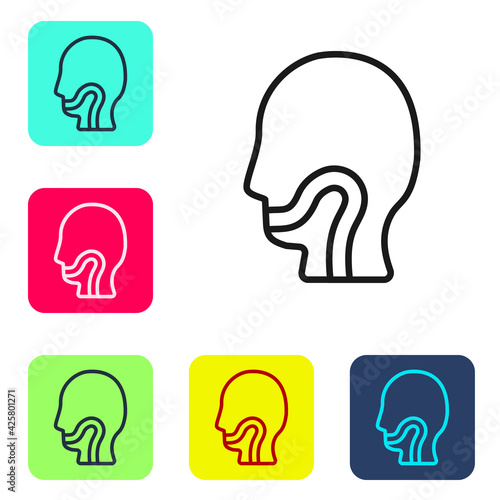 Black line Sore throat icon isolated on white background. Pain in throat. Flu, grippe, influenza, angina. Healthcare and medical. Set icons in color square buttons. Vector