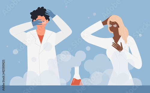 Chemistry beaker scientific experiment process, chemical reaction and scientist people vector illustration. Cartoon unsuccessful experiment, liquid with steam or smoke in glass retort tube background