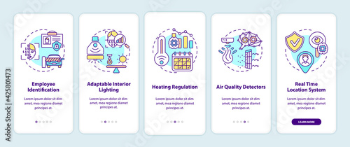 Future smart office onboarding mobile app page screen with concepts. ID, adaptable interior light walkthrough 5 steps graphic instructions. UI, UX, GUI vector template with linear color illustrations