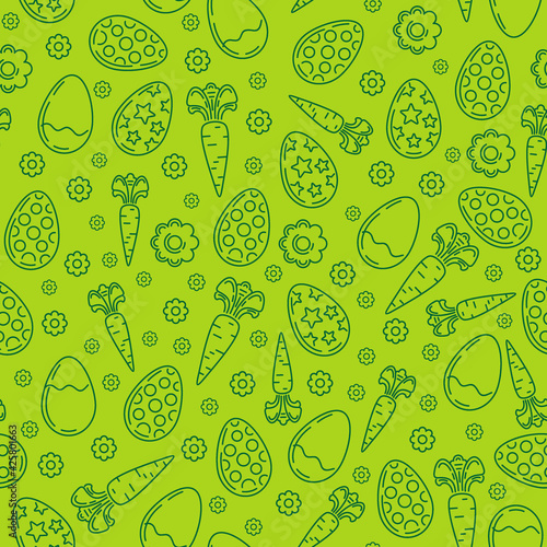 Easter seamless pattern. Pattern consisting of Easter eggs, flowers, carrots. Vector illustration