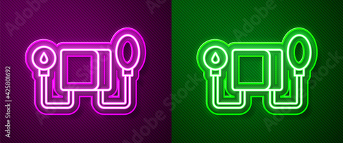 Glowing neon line Blood pressure icon isolated on purple and green background. Vector