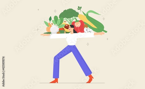 Vegetarian woman holds fresh vegetables.  Concept of balanced nutrition or healthy eating. Flat vector illustration.