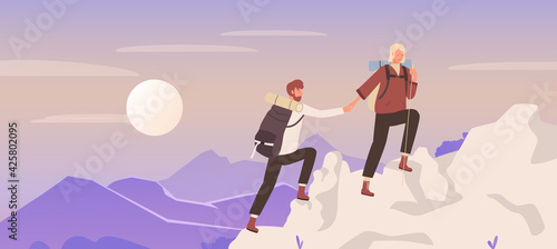Couple people climb mountain, nature travel adventure vector illustration. Cartoon young woman man climber hiker characters with backpacks climbing in mountain natural landscape, trekking background