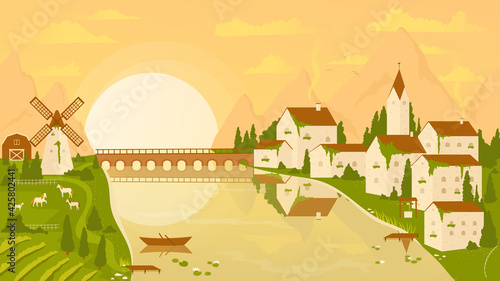 Rural landscape scene with vineyard and village at sunset vector illustration. Cartoon countryside farm scenery, mountains and bridge over river, farmer houses and windmill, sun on horizon background