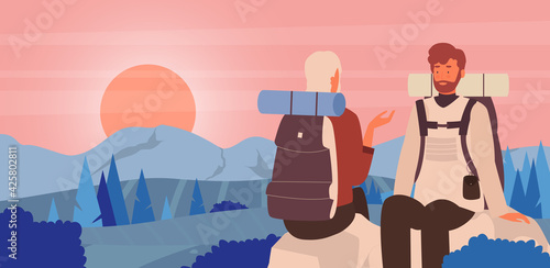 Couple people enjoy sunset scene in mountain landscape vector illustration. Cartoon young woman man hiker tourist characters enjoying mountains scenery and sitting on stones in evening background