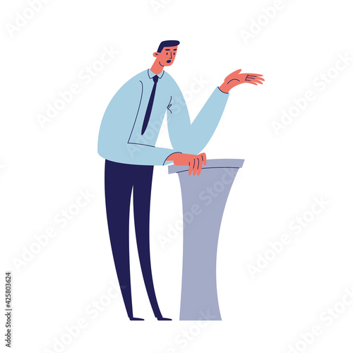 A young man in a shirt is telling a story while leaning his elbows on the podium. The lecturer is giving a lecture. Vector illustration of cartoon male character isolated on white background.