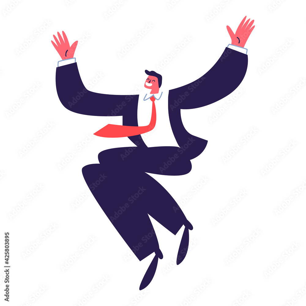 Fototapeta premium Joyful young man. Active successful businessman jumping in a dark suit with a red tie. Vector illustration of isolated happy person on a white background.