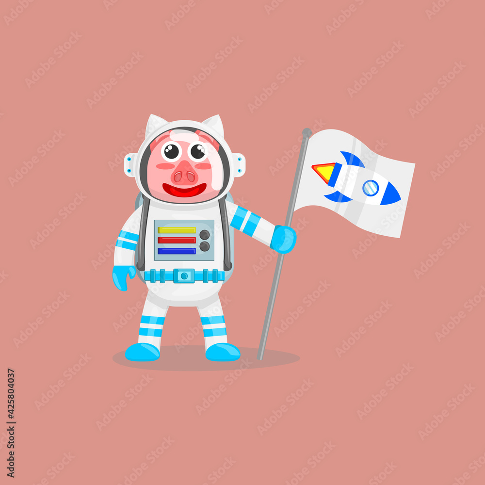 Illustration vector cartoon of cute pig astronaut holding a flag with spaceship logo. Childish cartoon design suitable for product design of children's books, t-shirt, greeting cards etc