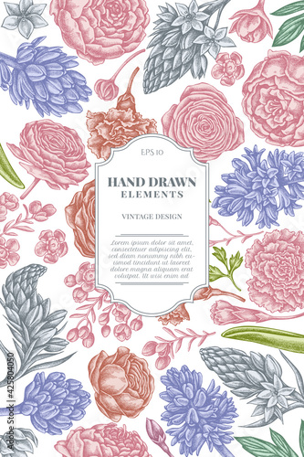 Card design with pastel peony, carnation, ranunculus, wax flower, ornithogalum, hyacinth