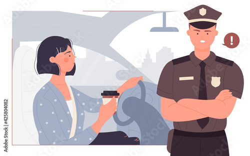People drive and drink coffee, accident danger while driving vector illustration. Cartoon young woman character holding paper coffee cup, distracted driver drinking, policeman warning background