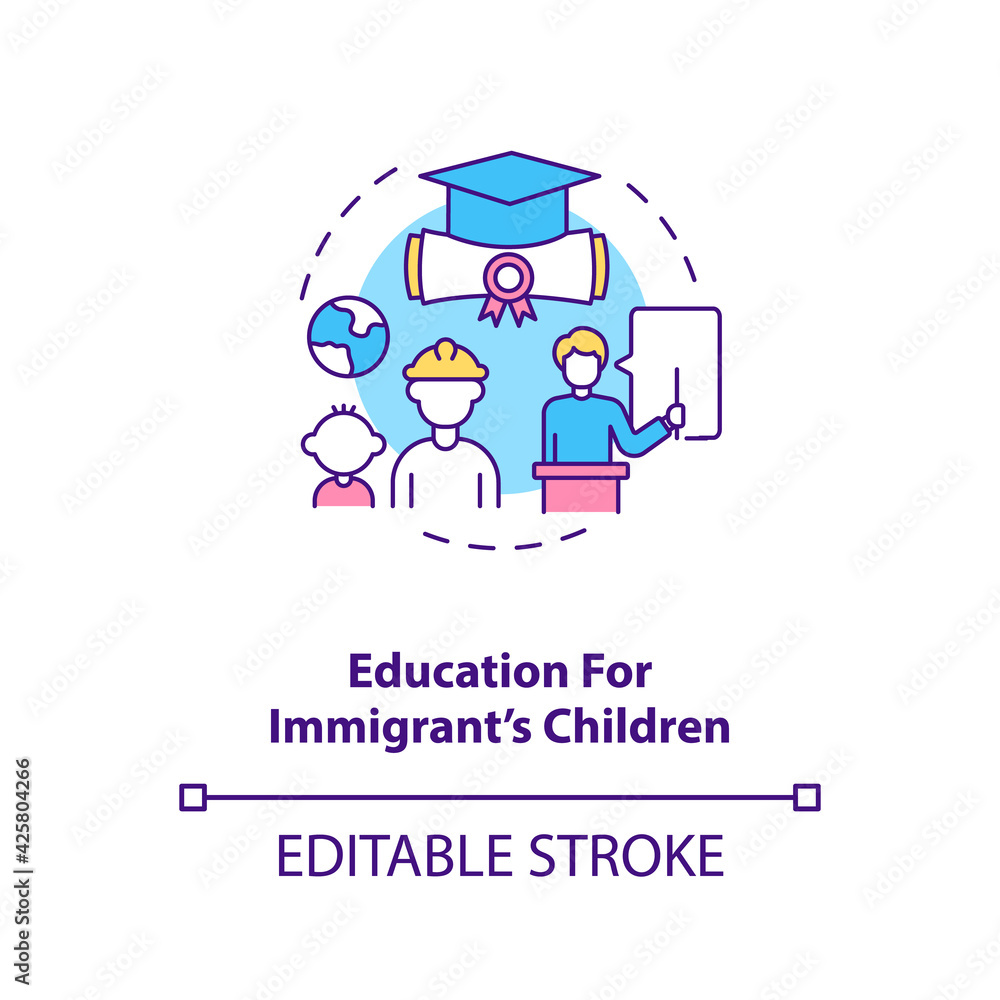 Education for immigrants children concept icon. Foreign students support. Kids studying. Migrant worker rights idea thin line illustration. Vector isolated outline RGB color drawing. Editable stroke