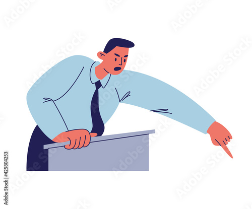 The angry speech of the figure behind the podium. A man in a blue shirt with a tie points his finger at someone. Vector illustration of a male cartoon character waist-deep isolated on a white.