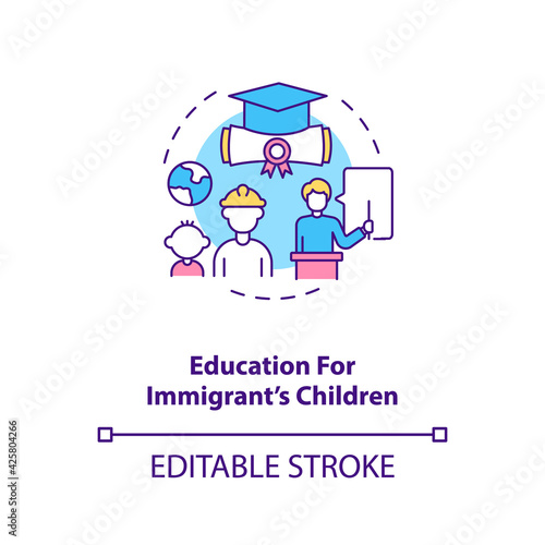 Education for immigrants children concept icon. Foreign students support. Kids studying. Migrant worker rights idea thin line illustration. Vector isolated outline RGB color drawing. Editable stroke
