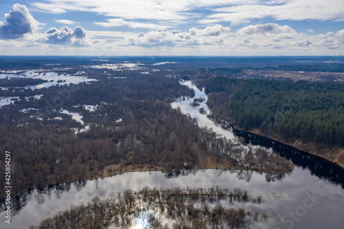 Water fields, spring floods on the Berezina River! Flooded forest in the floodplain!