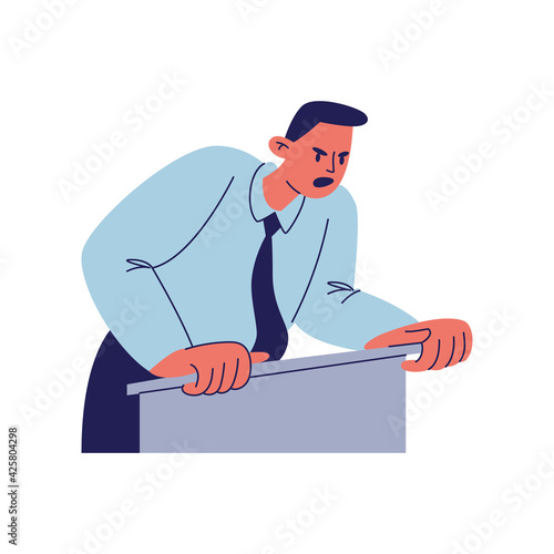 Furious speech behind the podium. A man in a blue shirt with a tie is talking in a shirt and tie. Vector illustration of a male cartoon character waist-deep isolated on a white background.