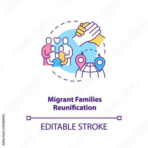 Migrant families reunification concept icon. Parents with children together abroad. Immigrant worker rights idea thin line illustration. Vector isolated outline RGB color drawing. Editable stroke