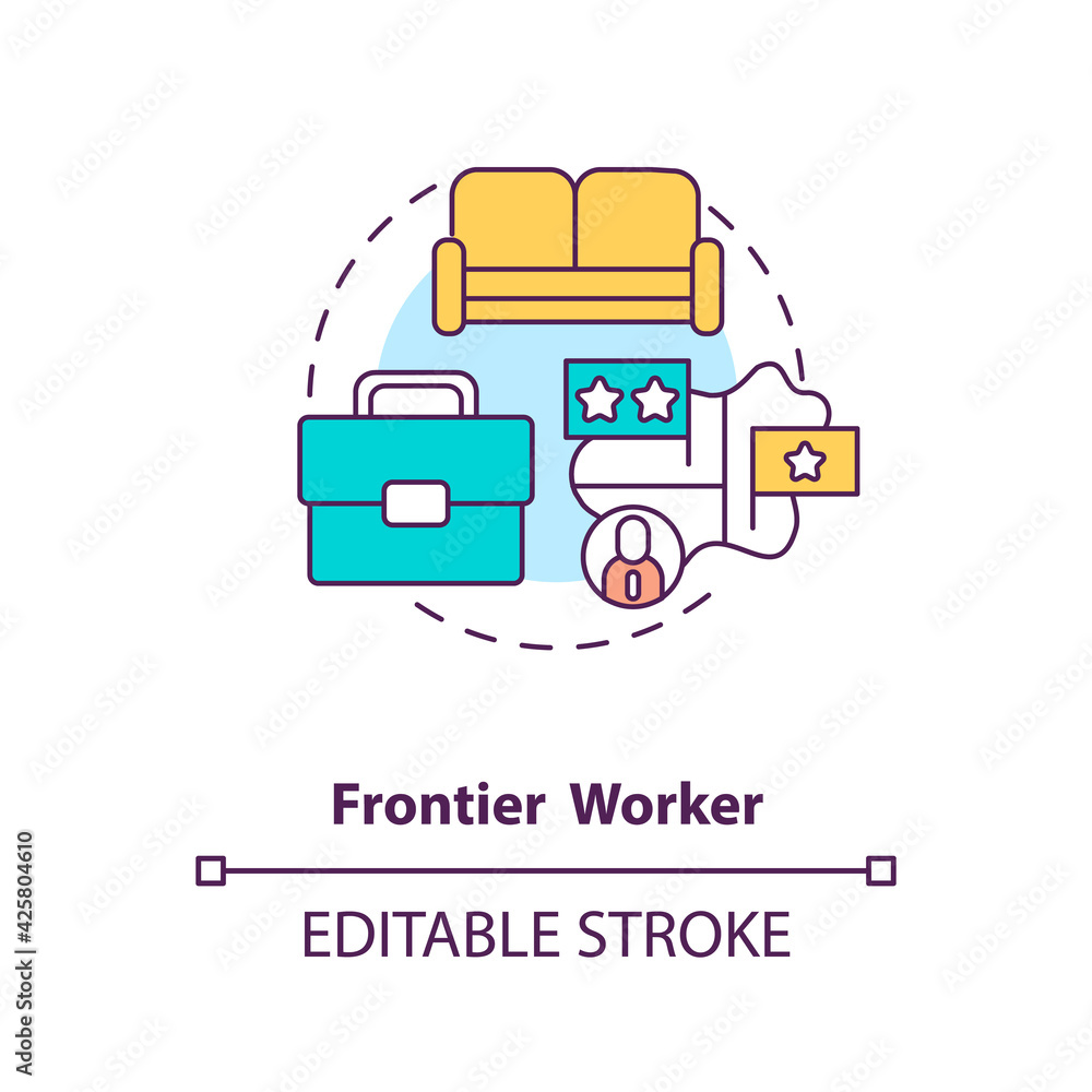 Frontier worker concept icon. Cross border work. Job abroad. Immigrant employee type. Migrant worker rights idea thin line illustration. Vector isolated outline RGB color drawing. Editable stroke Frontier worker concept icon. Cross border work. Job abroad. Immigrant employee type. Migrant worker rights idea thin line illustration. Vector isolated outline RGB color drawing. Editable stroke