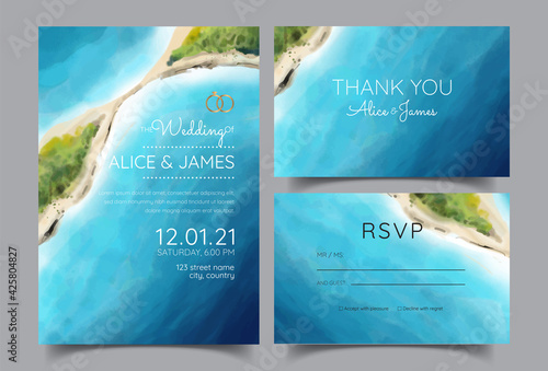 wedding cards, invitations. Save the date ocean and island style designs. Romantic seaside summer wedding background