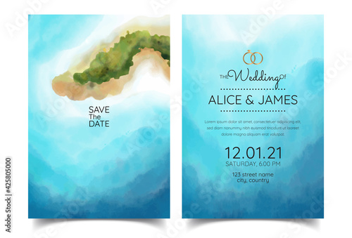 wedding cards, invitations. Save the date ocean and island style designs. Romantic seaside summer wedding background