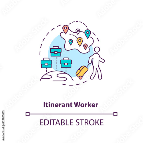 Itinerant worker concept icon. Immigration for work. Temporary job in different regions. Migrant worker rights idea thin line illustration. Vector isolated outline RGB color drawing. Editable stroke
