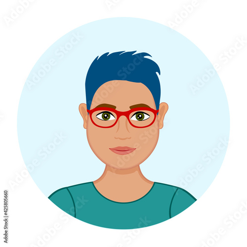 Avatar of a transgender man. Office worker wearing glasses. Programmer or designer. Young student. Blue hair. Woman with short haircut