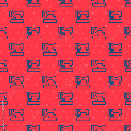 Blue line Sewing machine icon isolated seamless pattern on red background. Vector