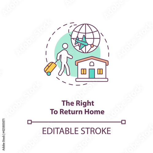 The right to return home concept icon. Immigrant freedom of moving. Civil human rights. Migrant worker rights idea thin line illustration. Vector isolated outline RGB color drawing. Editable stroke