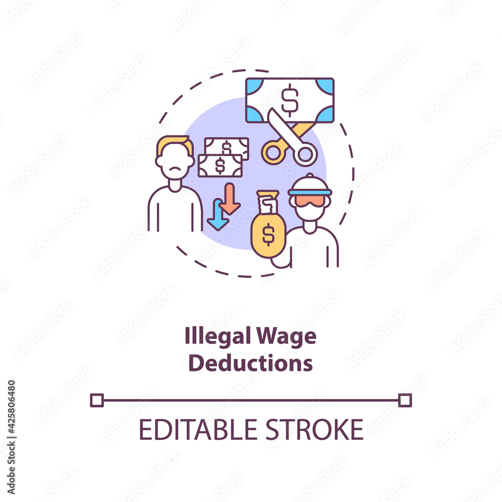 Illegal wage deductions concept icon. Underpaid laborer. Unfair employment conditions. Migrant worker rights idea thin line illustration. Vector isolated outline RGB color drawing. Editable stroke