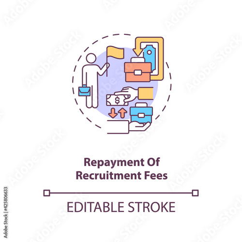 Repayment of recruitment fees concept icon. Foreign employee salary. Income, salary. Migrant worker rights idea thin line illustration. Vector isolated outline RGB color drawing. Editable stroke