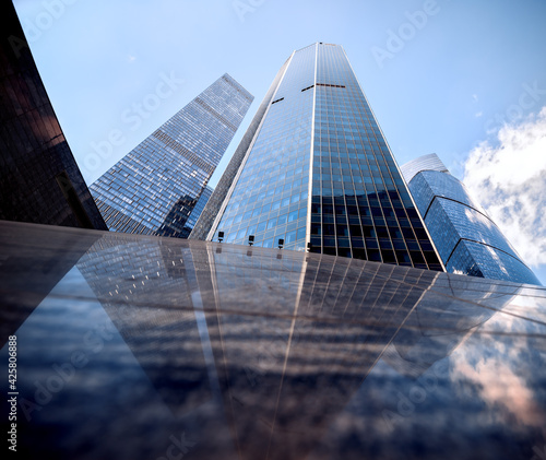 Bottom view of glass skyscrapers in Moscow city