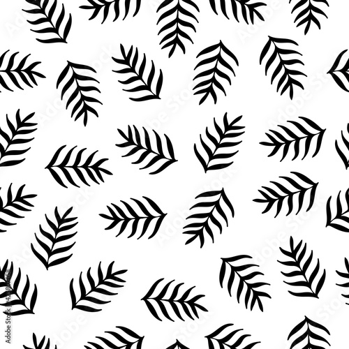 Vector seamless pattern with exotic plants, leaves on white background