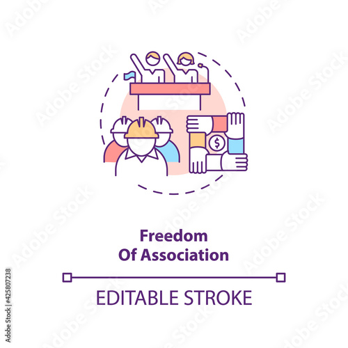 Freedom of association concept icon. Labour union. Employees teamwork. Migrant worker rights idea thin line illustration. Vector isolated outline RGB color drawing. Editable stroke