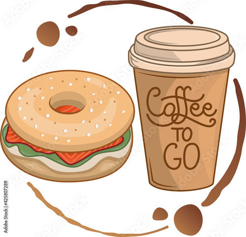 Bagel donut sandwitch with salmon, vegetables and coffee cup to go vector illustration. stain on the white background. Isolated simple cartoon Flat logo for cafe coffee house or bakery, fastfood.