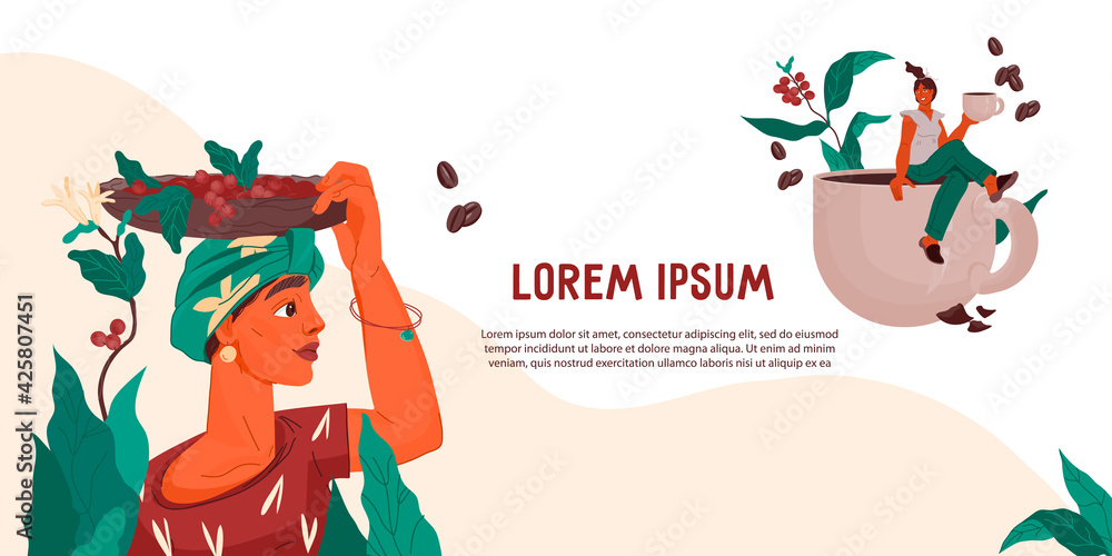 Fototapeta premium Coffee production flyer or banner template with female characters. Design for coffee shop, packaging and web page, flat vector illustration.