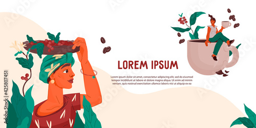 Coffee production flyer or banner template with female characters. Design for coffee shop, packaging and web page, flat vector illustration.