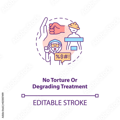 No torture or degrading treatment concept icon. Stop violence against immigrant. Migrant worker rights idea thin line illustration. Vector isolated outline RGB color drawing. Editable stroke