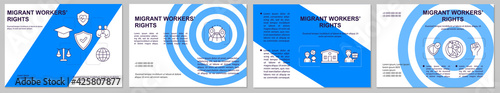 Migrant workers rights brochure template. Immigrant family support. Flyer, booklet, leaflet print, cover design with linear icons. Vector layouts for presentation, annual reports, advertisement pages
