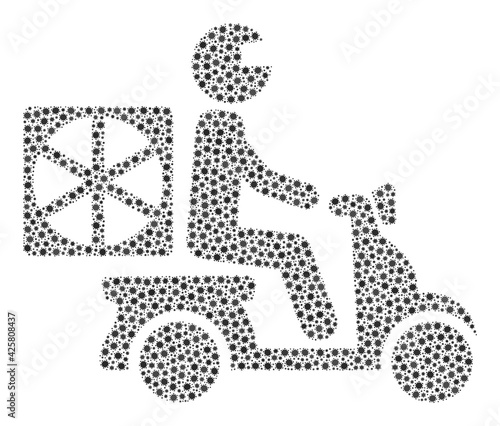 Vector pizza motorbike delivery coronavirus mosaic icon combined for hospital advertisement. Pizza motorbike delivery mosaic is designed from little coronavirus pathogen elements.