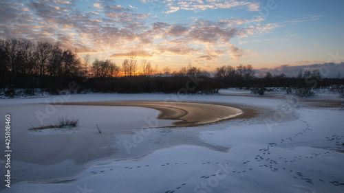 snow landscape north germany in the morning with sunlight