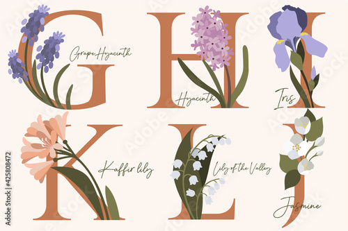Hand Drawn floral alphabet with spring flowers in pastel colors.Letters G, H, I, J, K, L with flowers grape hyacinth, hyacinth, iris, jasmine, kaffir lily, lily of the valley