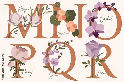 Hand Drawn floral alphabet with spring flowers in pastel colors.Letters M, N, O, P, Q, R with flowers magnolia, nasturtium, orchid, peony, quince, rose