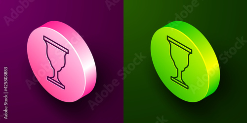 Isometric line Christian chalice icon isolated on purple and green background. Christianity icon. Happy Easter. Circle button. Vector