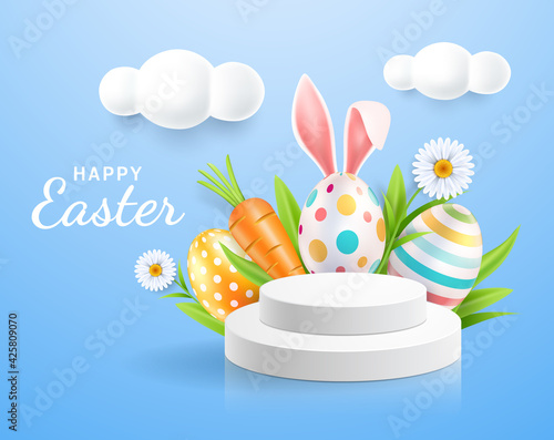 Happy easter day easter eggs colorful different and patterns texture  and rabbit ears with display stand podium and daisies flower on blue color background. Vector illustrations.
