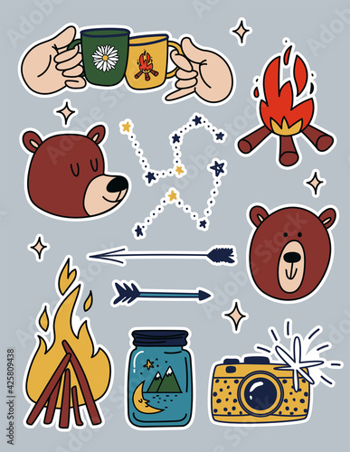 Camping stickers set. Cartoon cute bears, different bonfires. Travelers' hands clink with marching mugs. Vector illustrations of outdoor recreation in memories on camera isolated.