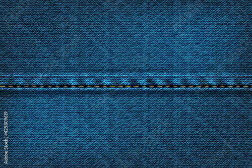 Denim rectangular background with seam.Vector illustration of blue texture.