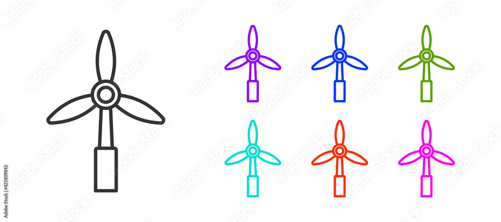 Black line Wind turbine icon isolated on white background. Wind generator sign. Windmill for electric power production. Set icons colorful. Vector Black line Wind turbine icon isolated on white background. Wind generator sign. Windmill for electric power production. Set icons colorful. Vector