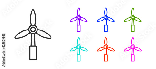 Black line Wind turbine icon isolated on white background. Wind generator sign. Windmill for electric power production. Set icons colorful. Vector