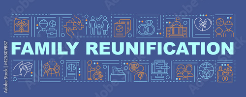 Family reunification word concepts banner. Parents with children moving abroad. Infographics with linear icons on navy background. Isolated typography. Vector outline RGB color illustration