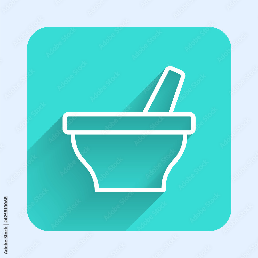 White line Mortar and pestle icon isolated with long shadow. Green square button. Vector White line Mortar and pestle icon isolated with long shadow. Green square button. Vector