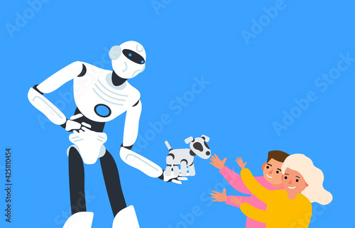 robot humanoid  gives a robotic dog to children boy and girl smart technology concept vector illustration